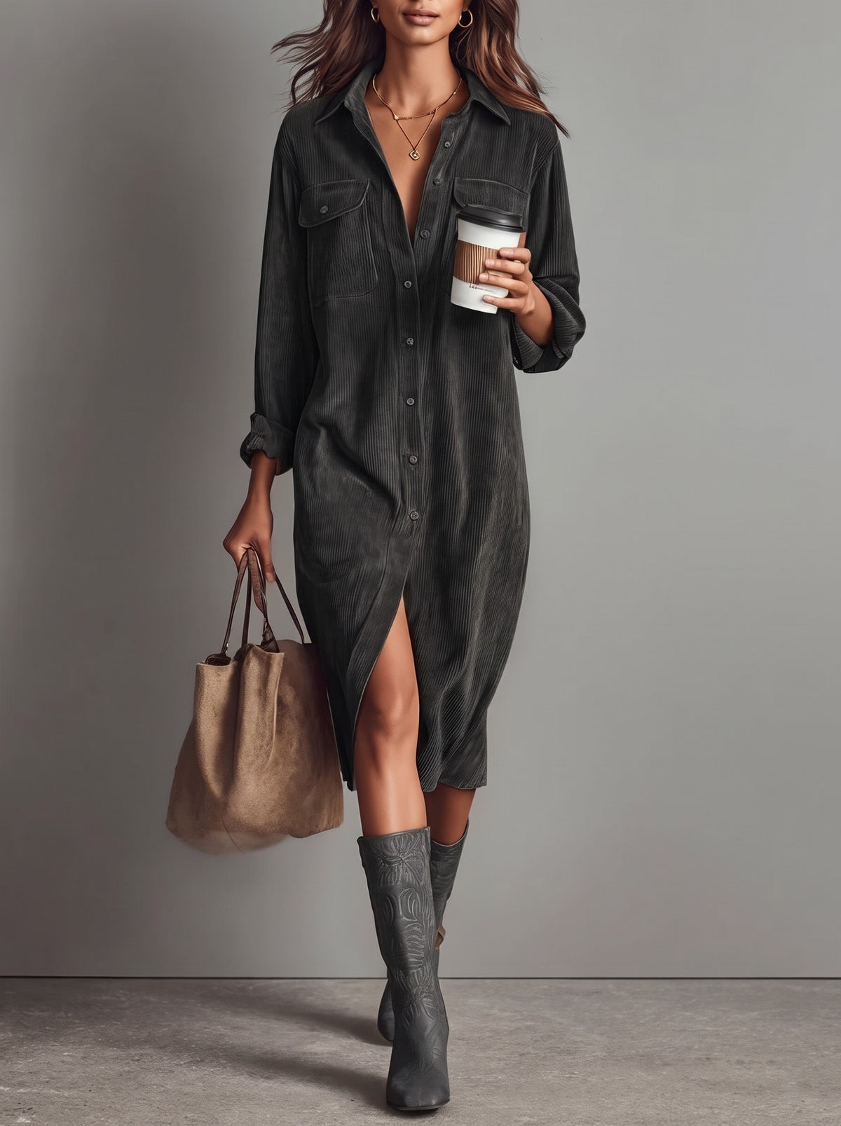Beatriz · Vestido midi de pana gris