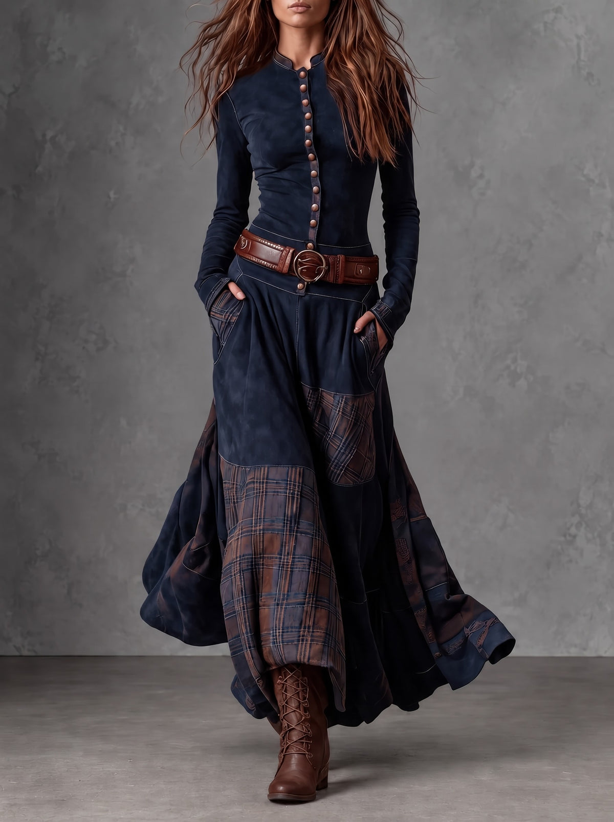 Elisa · Vestido maxi de ante con cinturón azul marino
