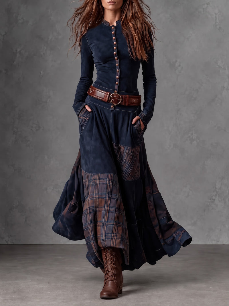 Elisa · Vestido maxi de ante con cinturón azul marino