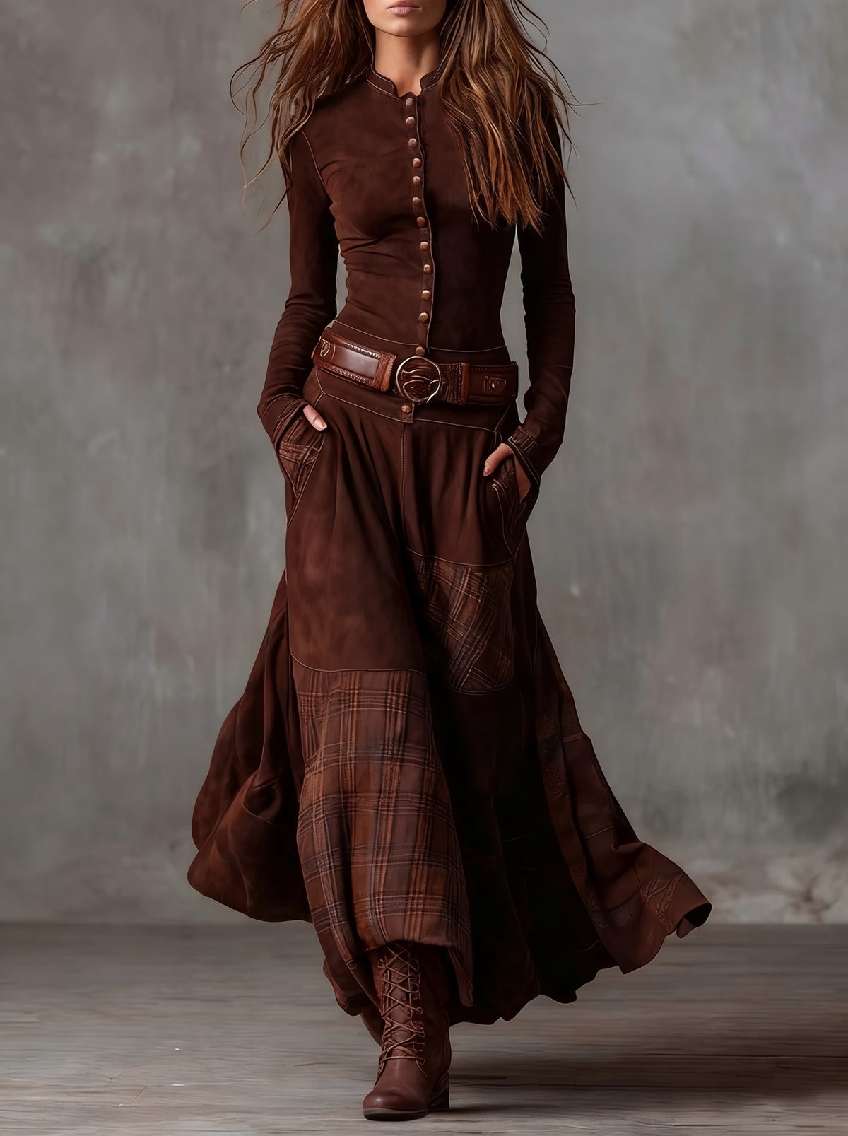 Elisa · Vestido maxi de ante con cinturón café