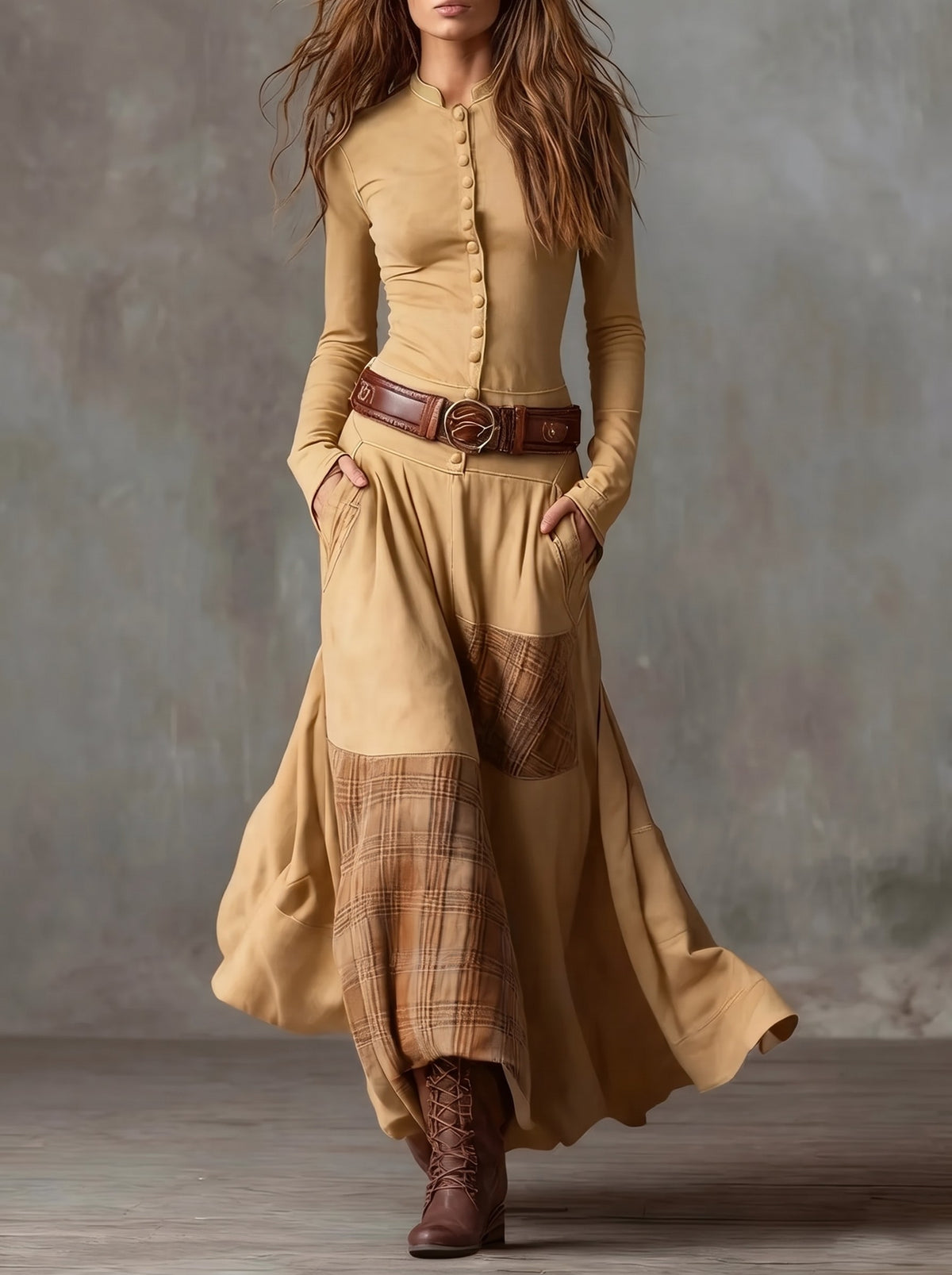 Elisa · Vestido maxi de ante con cinturón camel