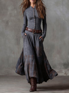 Elisa · Vestido maxi de ante con cinturón gris