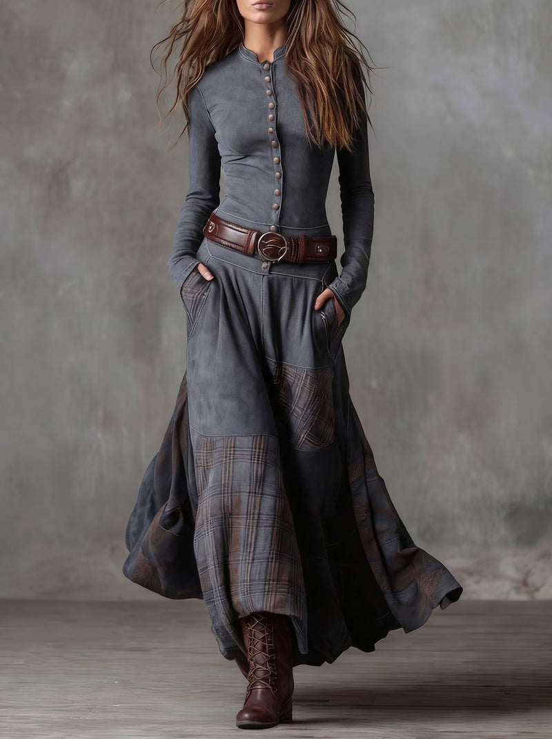 Elisa · Vestido maxi de ante con cinturón gris