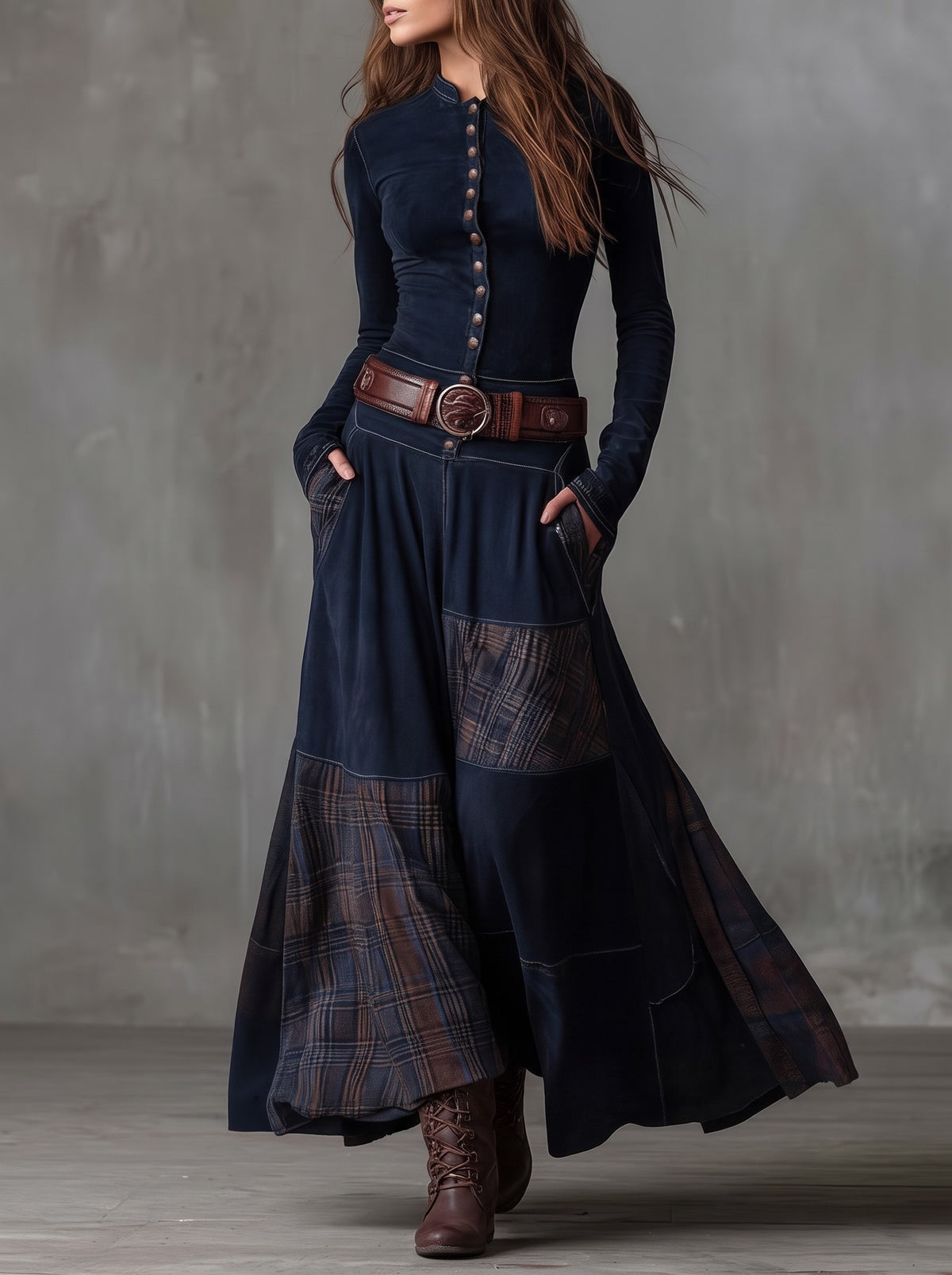 Elisa · Vestido maxi de ante con cinturón azul marino
