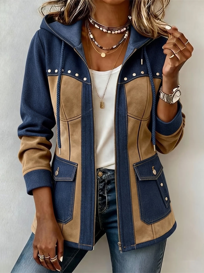 Valeria · Chaqueta con capucha marino y camel